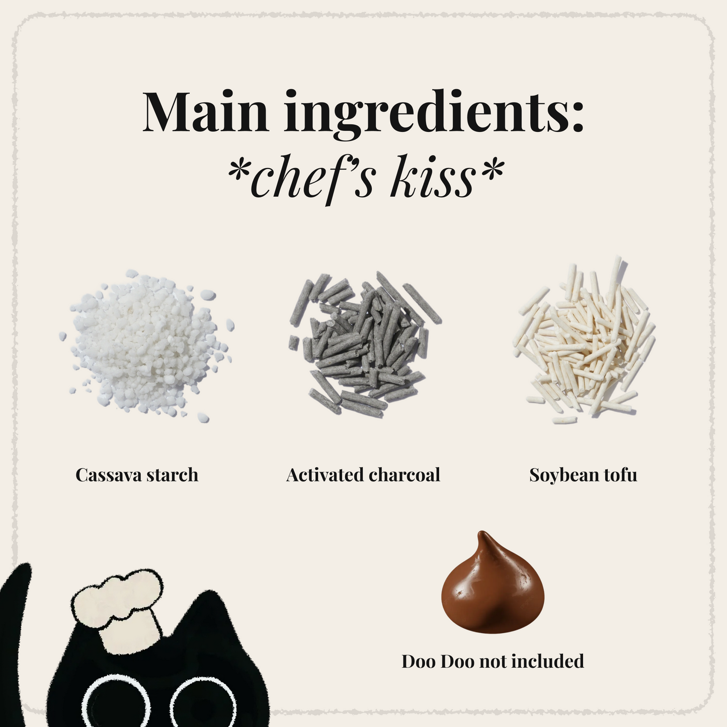 Main ingredients - cassava starch, activated charcoal, soybean tofu