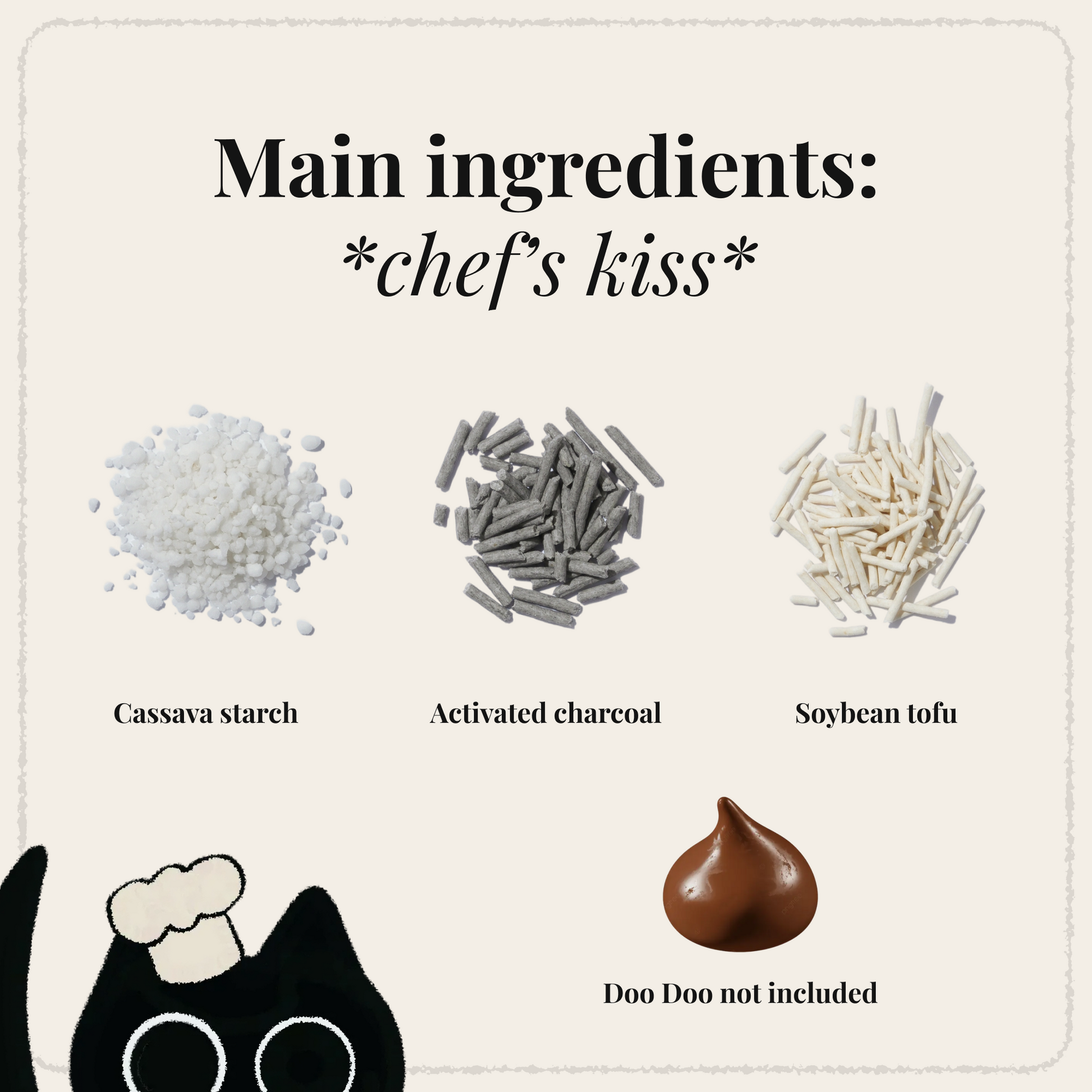 Main ingredients - cassava starch, activated charcoal, soybean tofu
